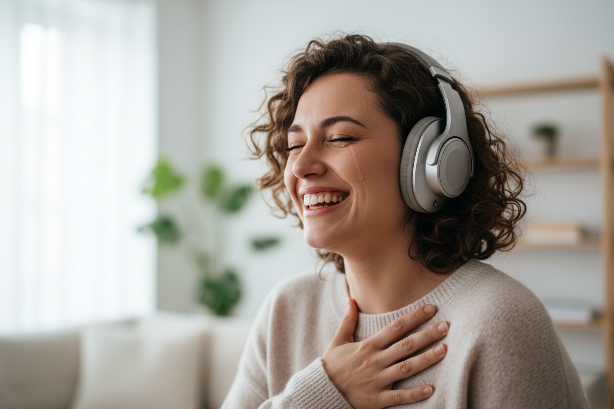 Femme émue aux larmes écoutant une chanson personnalisée SaVibe